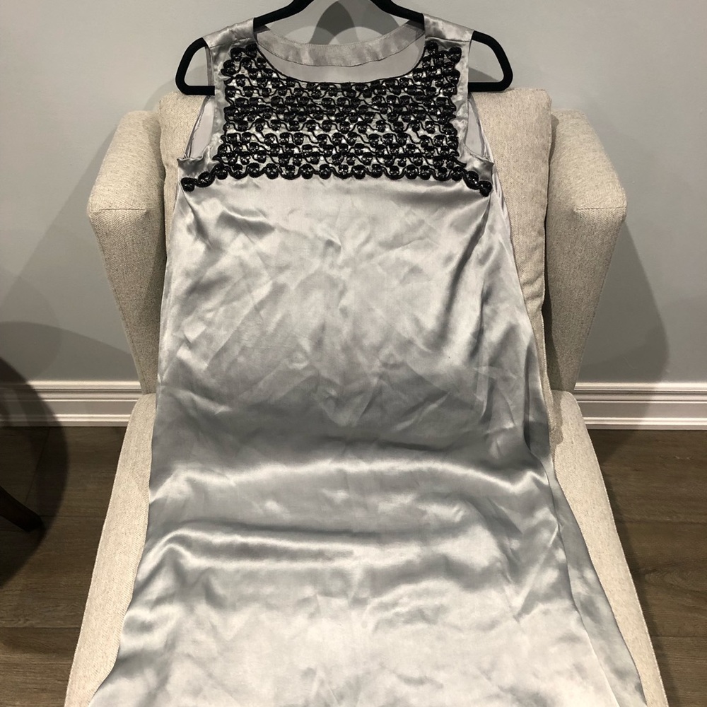 Grey silk midi dress with black embroidery